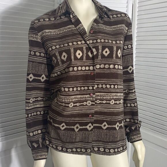 Vintage TanJay Brown Aztec Tribal Button Down Womens Top sz 10 - Picture 1 of 10
